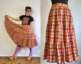 Vintage Plaid Midi Skirt, Boho Hippie Skirt, Peasant Check Pattern Skirt, Ruffled Skirt, Circle Skirt, Orange Flared Skirt, Midi Check Skirt