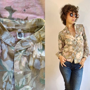 Vintage Cotton Floral Blouse, Ruffled Top, Pastel Khaki Pink Provence Shirt, Pearl Buttons, Long Poet Sleeve Blouse, Floral Shirt, S Size