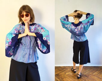 Vintage des années 70 chemisier kimono bohème/tunique à manches longues évasées/aqua mauve tunique/chemisier à rayures florales/tunique kimono/taille L