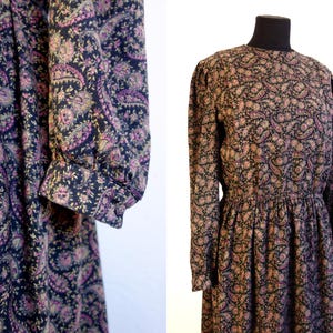 Vintage Boho Paisley Dress/Back Keyhole/Paisley Midi Dress/Laura Ashley Style Dress/Prairie Folk Dress/Paisley Cotton Dress/L size