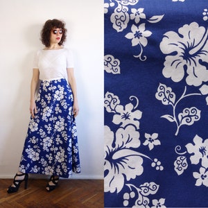 Vintage 70&#39;s Foral Maxi Skirt/Floral Cotton Skirt/Blue Maxi Skirt/Hawaii Print Skirt/Blue Long Skirt/Hawaiian Pattern Skirt/Small Size