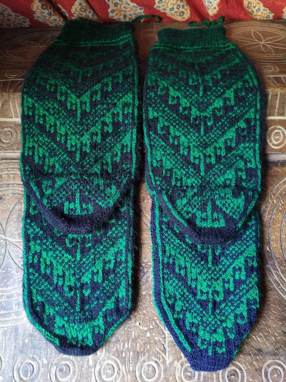 Vintage Unisex High Socks/Hand Knit Socks/Green P… - image 7