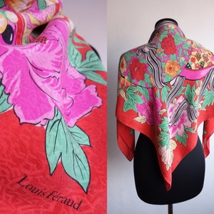 Vintage LOUIS FERaud Seidenschal/Bunter Schal/Roter Blumen Schal/Französischer Schal/Blumen Seidenschal/Luxus Schal/Roter Seidenschal