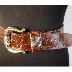 Vintage 90s Brown Leather Belt/Golden Belt/Big Gold Tone Buckle Belt/&quot;Animal&quot; Print Belt/Elegant Buckle/Gold Buckle Belt/M Size