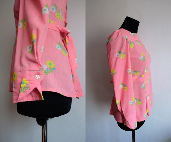 Vintage 70's Candy Pink Blouse/Floral Check Patte… - image 2