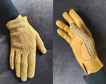 Vintage French Leather Driving Gloves with Crochet, Size 7 1/2