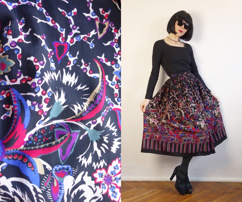 Vintage Floral Wool Midi Skirt: Pockets, Made in France, Size XS image 2