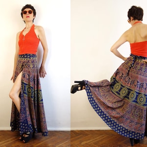 Vintage Indian Maxi Wrap Skirt/Maxi Circle Indian Cotton Skirt/Block Print Indigo Skirt/Boho Hippie Festival Skirt Dress/S/M Size