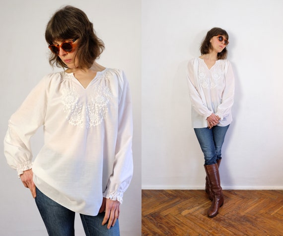 Vintage White Embroidered Blouse, Floral Hand Emb… - image 7