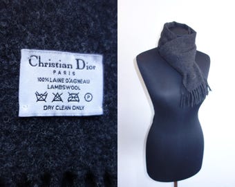 Vintage Christian Dior Lambswool Scarf | Graphite Fringe, Paris Designer