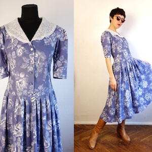 Vintage Laura Ashley Blue Cotton Dress/White Lace Collar Dress/Victorian Dress/Laura Ashley Dress/Country Dress/Blue Roses Dress/M size