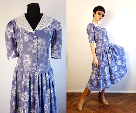 ヴィンテージ ローラ アシュレイ ブルー コットン ドレス/ホワイト