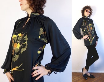 Vintage 70s HORAS PARIS Boho Kimono Blouse/Long Bishop Sleeve Tunic/Black Floral Tunic/Silk Print Blouse/Black Kimono Tunic/Rope Tie Tunic