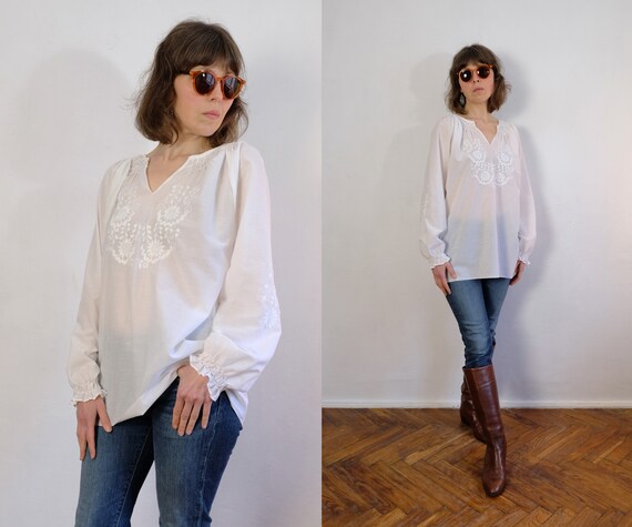Vintage White Embroidered Blouse, Floral Hand Emb… - image 5