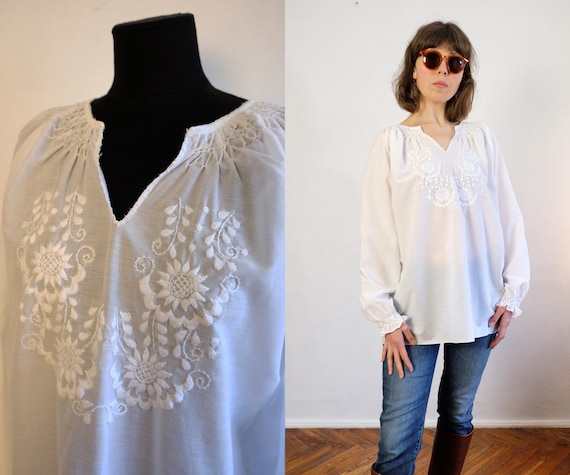 Vintage White Embroidered Blouse, Floral Hand Emb… - image 2