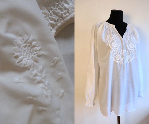 Vintage White Embroidered Blouse, Floral Hand Emb… - image 4