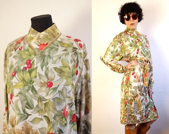 Sukienka vintage LEONARD Paris z jedwabiu i wełny w kwiaty, boho midi o kroju koszuli