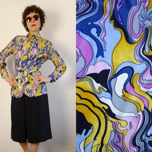 Vintage 70's Belted Blouse/Colourful Psychedelic Pattern Blouse/Long Sleeve Belted Shirt/Dagger Collar Blouse/M Size
