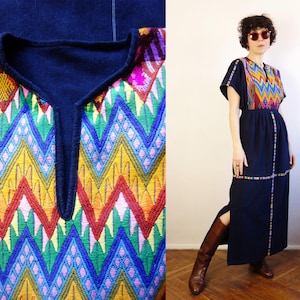 Vintage 70s Guatemalan Indigo Embroidered Dress/Cotton Denim Caftan Dress/Boho Hippie Folk Dress/Hand Embroidered Chevron Pattern Dress