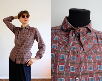 Vintage 80's does 30's ESCADA Viscose Blouse/Bow Tie, Peter Pan Collar, Geometric Pattern Blouse/Elegant Fitted Check Blouse/M size