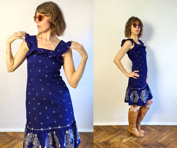 70's Vintage Indigo Midi Sundress/Apron Summer Dr… - image 6