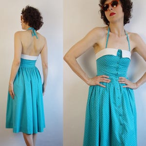 Vintage 80's Laura Ashley Cotton Midi Dress/Polka Dots Pattern Dress/Aquamarine Sundress/Open Back Halter Dress/Small