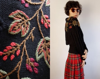 Vintage Wool Knit Cardigan: Embroidered Floral, Pompom Belt