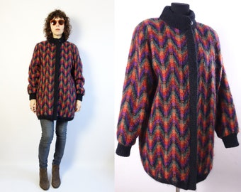 Vintage 80s Mohair Coat/Long Knit Bomber/Knit Mohair Lurex Bomber/Long Warm Bomber/Colorful Zipper Coat/Shoulder Pads Coat/Knit Coat