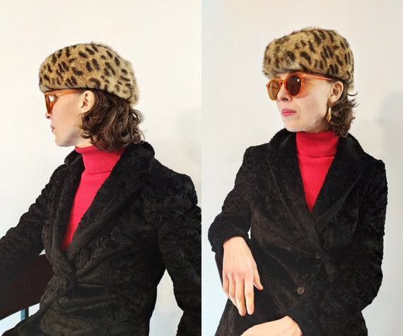 70s Vintage Leopard Fur Hat Animal Print Hat with