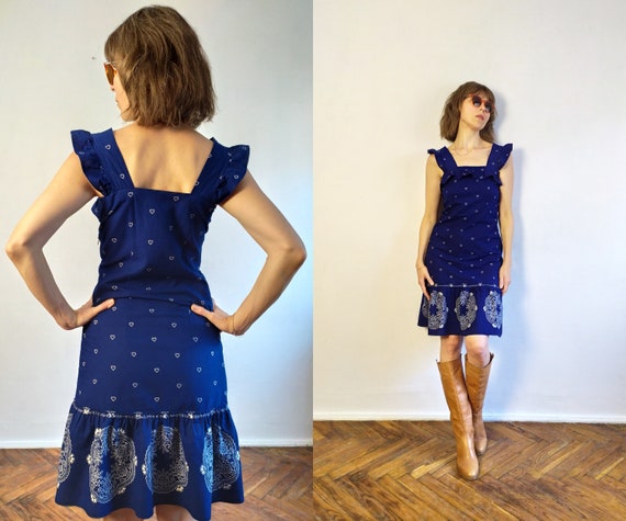 70's Vintage Indigo Midi Sundress/Apron Summer Dr… - image 4