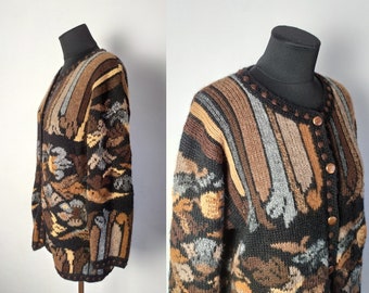Vintage Peru Alpaca Wool Cardigan/Peruvian Wool Sweater/Floral Pattern Cardigan/Wooden Buttons Cardigan/Knit Pattern Cardigan