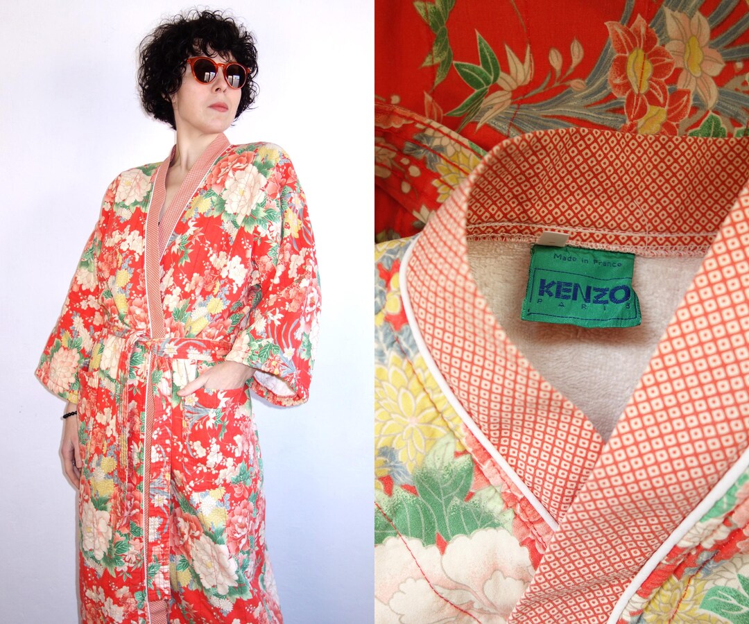 Kenzo Robe Rare 80's Kenzo Quilted Robe/coral Floral Robe/france Bathrobe/belted ...