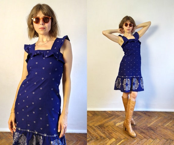 70's Vintage Indigo Midi Sundress/Apron Summer Dr… - image 10