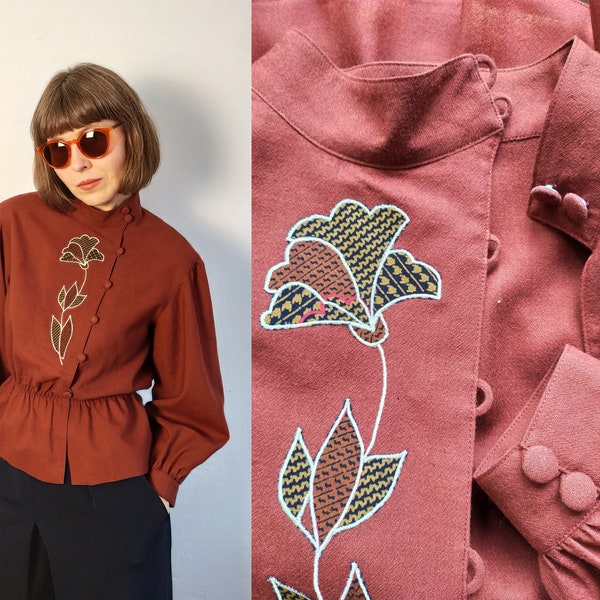 Rare 80's does 20's Wool Cossack Shirt/Brown Terracotta Blouse/Applique Art Deco Shirt/Shoulder Pads Blouse/Boho Autumn Wool Shirt