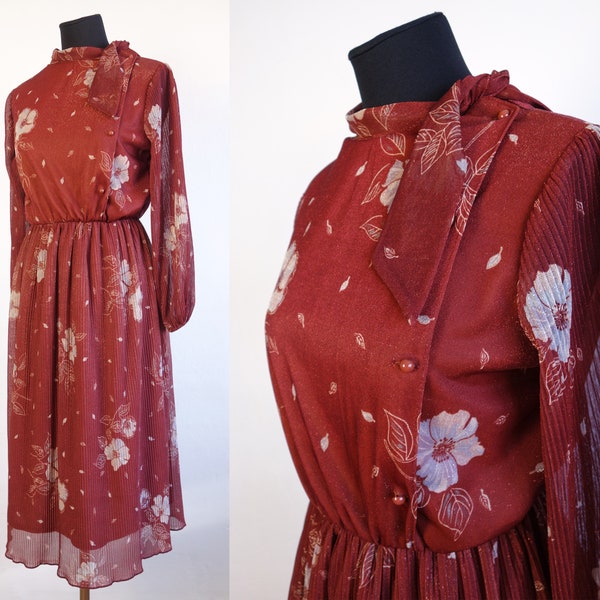 70's Vintage Golden Lurex Midi Dress/Marsala Dress/Belted, Long Sleeve, Pleating Dress/Terracotta Dress/Floral Pattern Dress, S/M Size