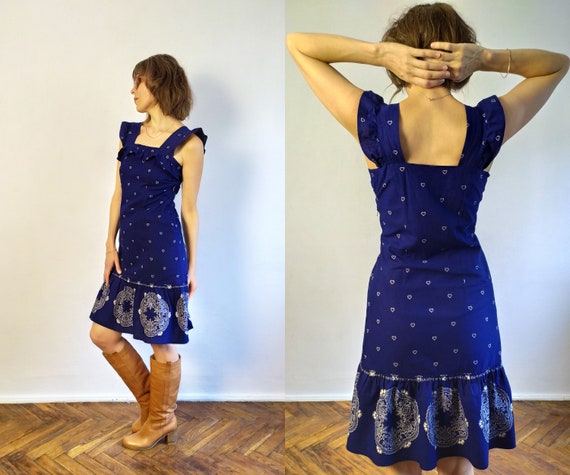 70's Vintage Indigo Midi Sundress/Apron Summer Dr… - image 9