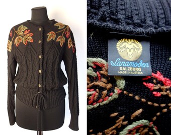Vintage Wool Knit Cardigan: Embroidered Floral, Pompom Belt