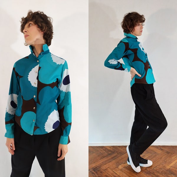 90s Marimekko Cotton Shirt \ Unikko Print, Design Mika Piirainen \ Marimekko Turquoise Pattern Women Long Sleeves Blouse \ S Size