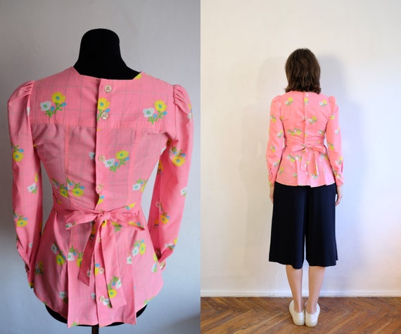 Vintage 70's Candy Pink Blouse/Floral Check Patte… - image 6