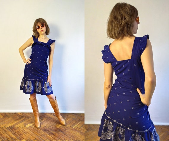 70's Vintage Indigo Midi Sundress/Apron Summer Dr… - image 7