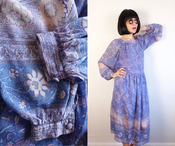 Medium 1970s India Blue Silk Sequin Cocktail Dress