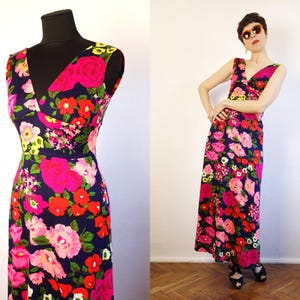 70&#39;s Vintage Maxi Floral Dress/Colourful Pattern Dress/Sleeveless Maxi Dress/Vibrant Printed Dress/Stretch Dress/S Size