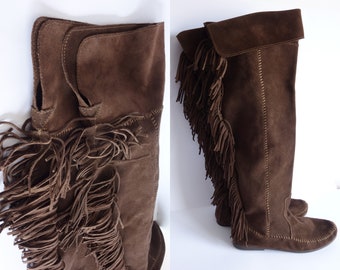 Vintage Minnetonka Fringe Boots/Brown Suede High Boots/Boho Fringe Boots/Over the Knee Boots/Fringe Moccasin/