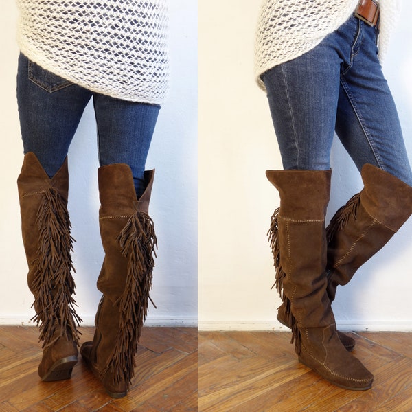 Vintage Minnetonka Fringe Boots/Brown Suede High Boots/Boho Fringe Boots/Over the Knee Boots/Fringe Moccasin/