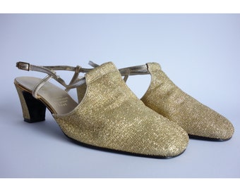 Vintage 60's Mod Golden Lurex Shoes/Slingback Gold Heels/T- Strap Party Shoes/Evening Shiny Heels/Golden Mod Pumps/9 US, 8 1/2 UK