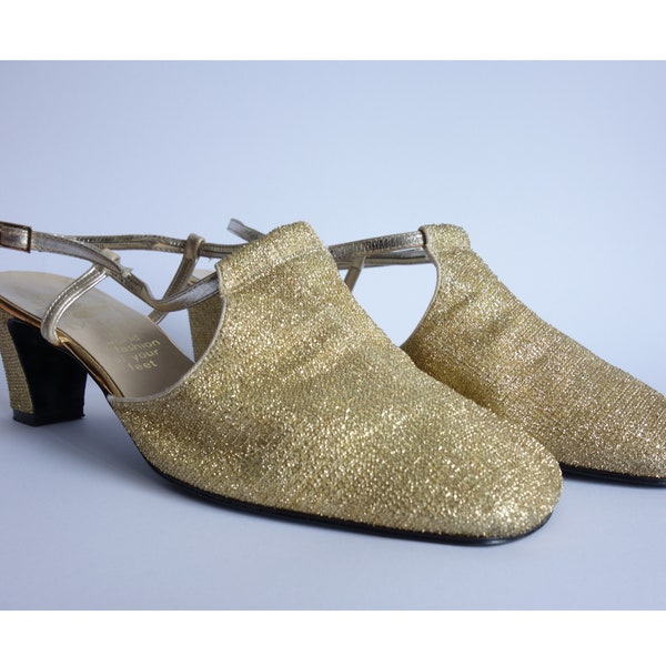 Vintage 60's Mod Golden Lurex Shoes/Slingback Gold Heels/T- Strap Party Shoes/Evening Shiny Heels/Golden Mod Pumps/9 US, 8 1/2 UK