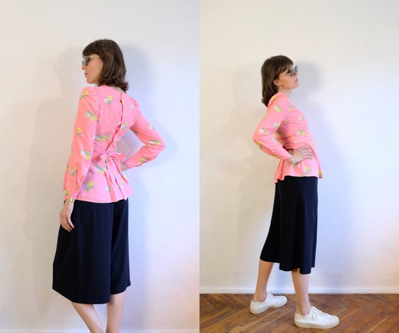 Vintage 70's Candy Pink Blouse/Floral Check Patte… - image 9