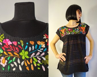 Vintage Mexican Huipil Tunic/Black Embroidered Blouse/Silk Embroidered Huipil/Floral Birds Embroidery Tunic/Colorful Etno Folk Tunic