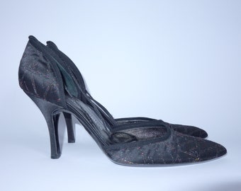 Emporio Armani Lurex zijden hakken/touw stropdas stiletto's schoenen/zwarte zijden hakken/Armani schoenen/partij pompen/Lurex hak schoenen/38 maat