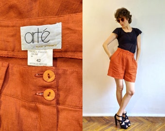 French Linen Shorts/Orange Linen Shorts/Summer Preppy Shorts/High Waist Shorts/Bermuda Linen  Pockets Shorts/M size
